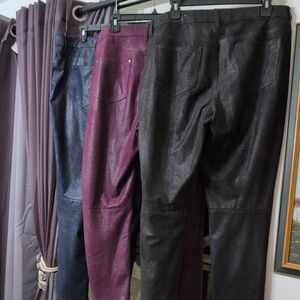 3 Chico's Faux-Suede Shimmer Texture Mid-Rise Blue, Burgandy & Black 12